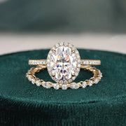 Oval Cut Halo Moissanite Engagement Ring with Matching Band